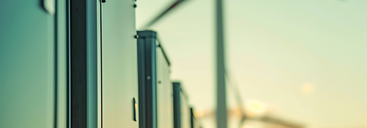 Close-up of innovative battery technologies against a backdrop of wind turbines, synergy between renewable energy sources and storage solutions in a power system